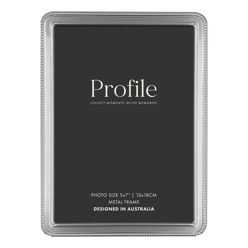 Silver photo frame with 'Profile' branding on a black background