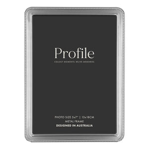 Silver photo frame with 'Profile' branding on a black background