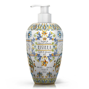 Decorative bottle of Riviera bath and shower gel on a white background