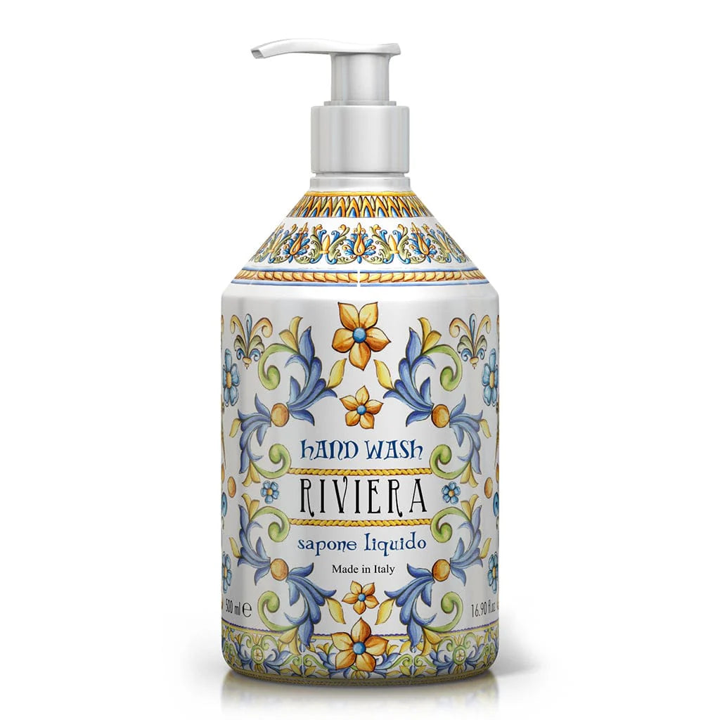 Decorative hand wash bottle with floral design on a white background