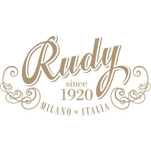 Decorative logo with 'Rudy' text and 'Milano Italia' on a white background