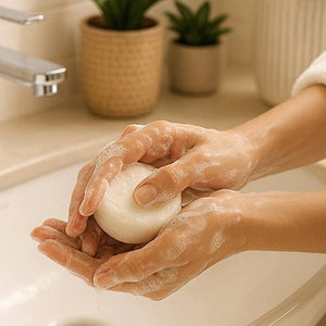 Person holding a bar of soap with soapy hands over a sink, with plants in the background.