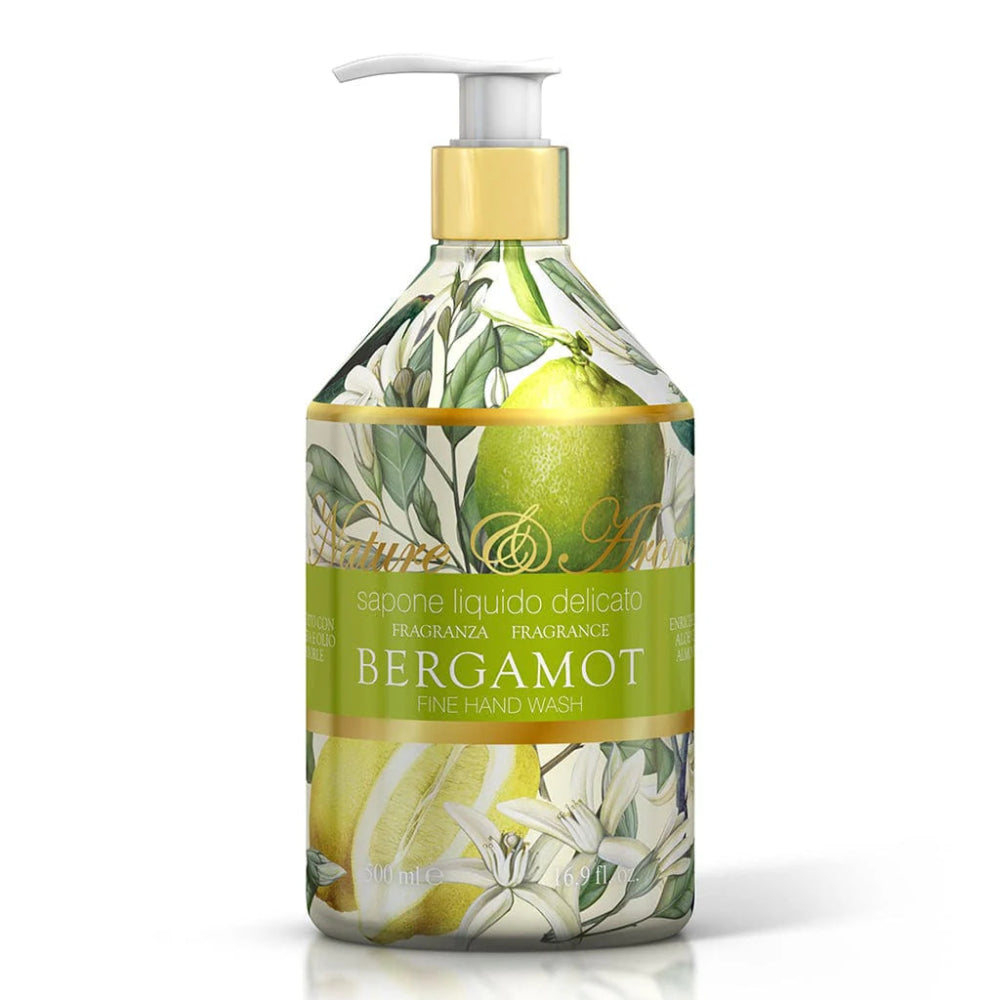 Bottle of Bergamot fine hand wash with a floral design on a white background