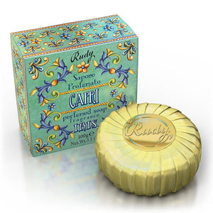 Perfumed soap with decorative packaging on a white background