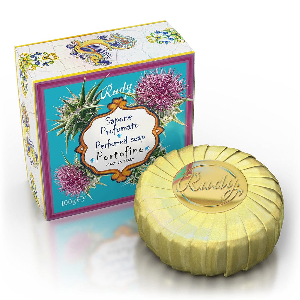 Perfumed soap with decorative packaging featuring floral designs on a white background