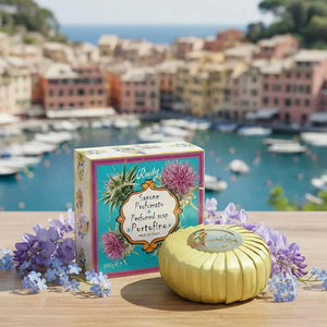 Perfumed soap and packaging with a scenic background of Portofino