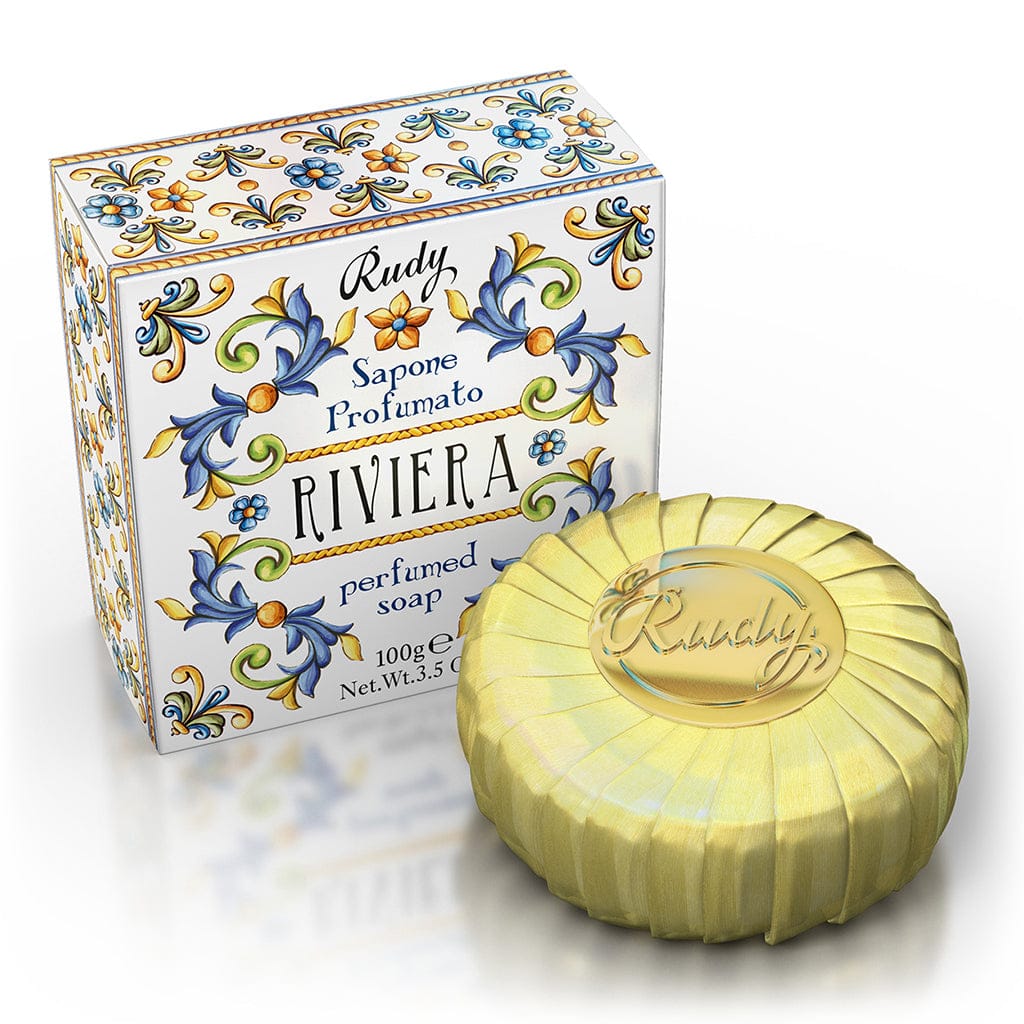 Perfumed soap with decorative packaging on a white background