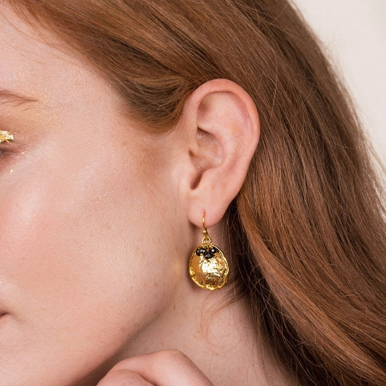 Solange Earrings-Gold Plated disk drop wih Black Onyx Beads-On Model