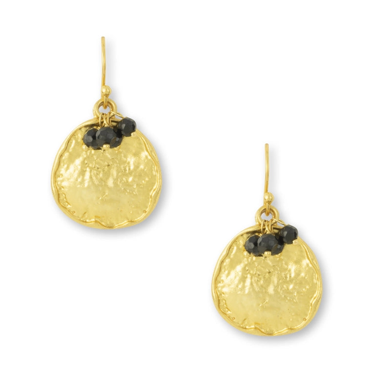 Solange Earrings-Gold Plated disk drop wih Black Onyx Beads-On Model