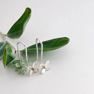 Silver earrings with white floral designs on a light gray background with green leaves.