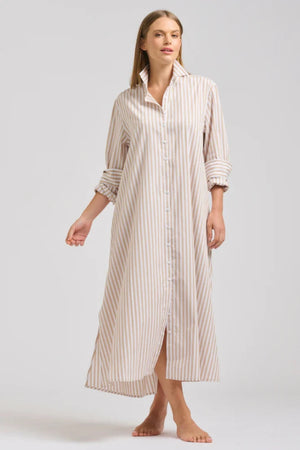 Shirty Luna Oversized Long Shirtdress - Stone/White Striped