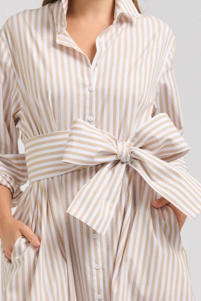 Shirty Luna Oversized Long Shirtdress - Stone/White Striped