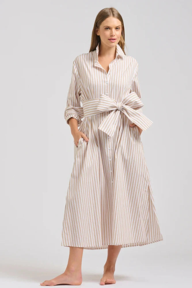 Shirty Luna Oversized Long Shirtdress - Stone/White Striped