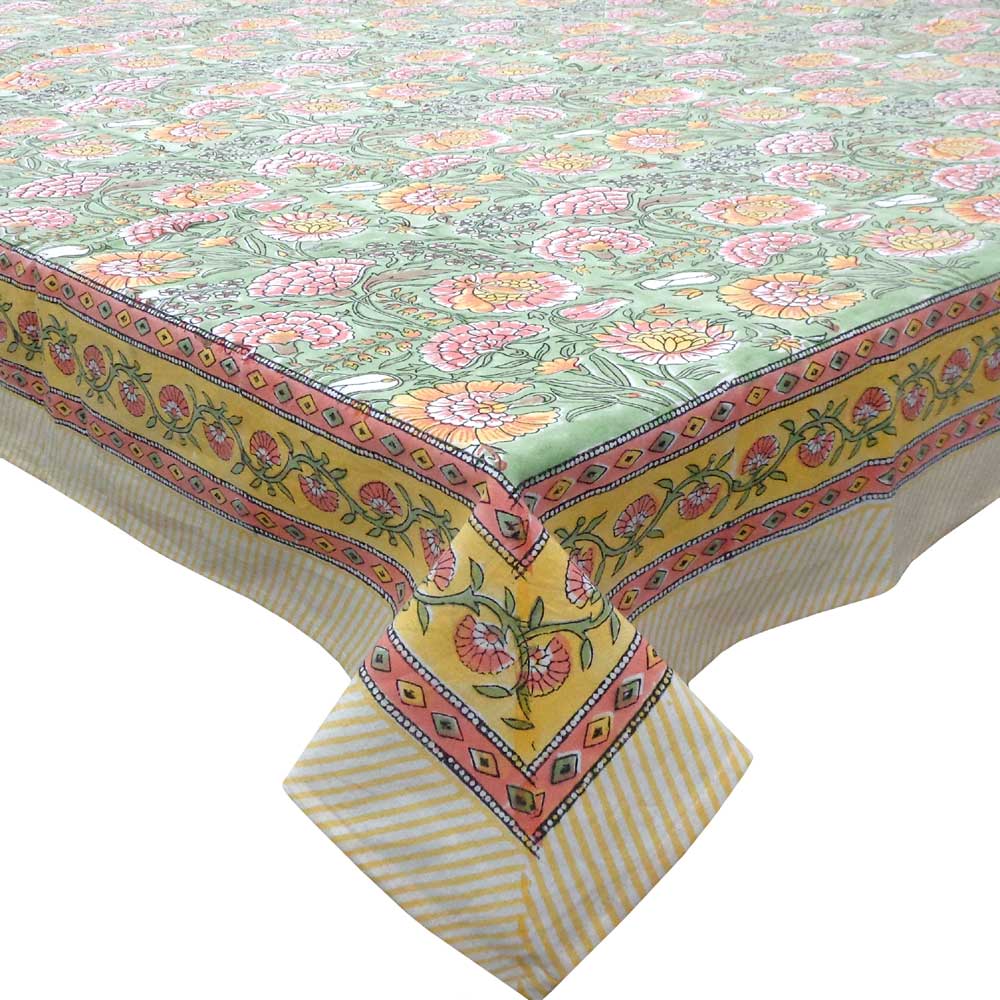 Colorful floral-patterned tablecloth with a yellow border on a white background
