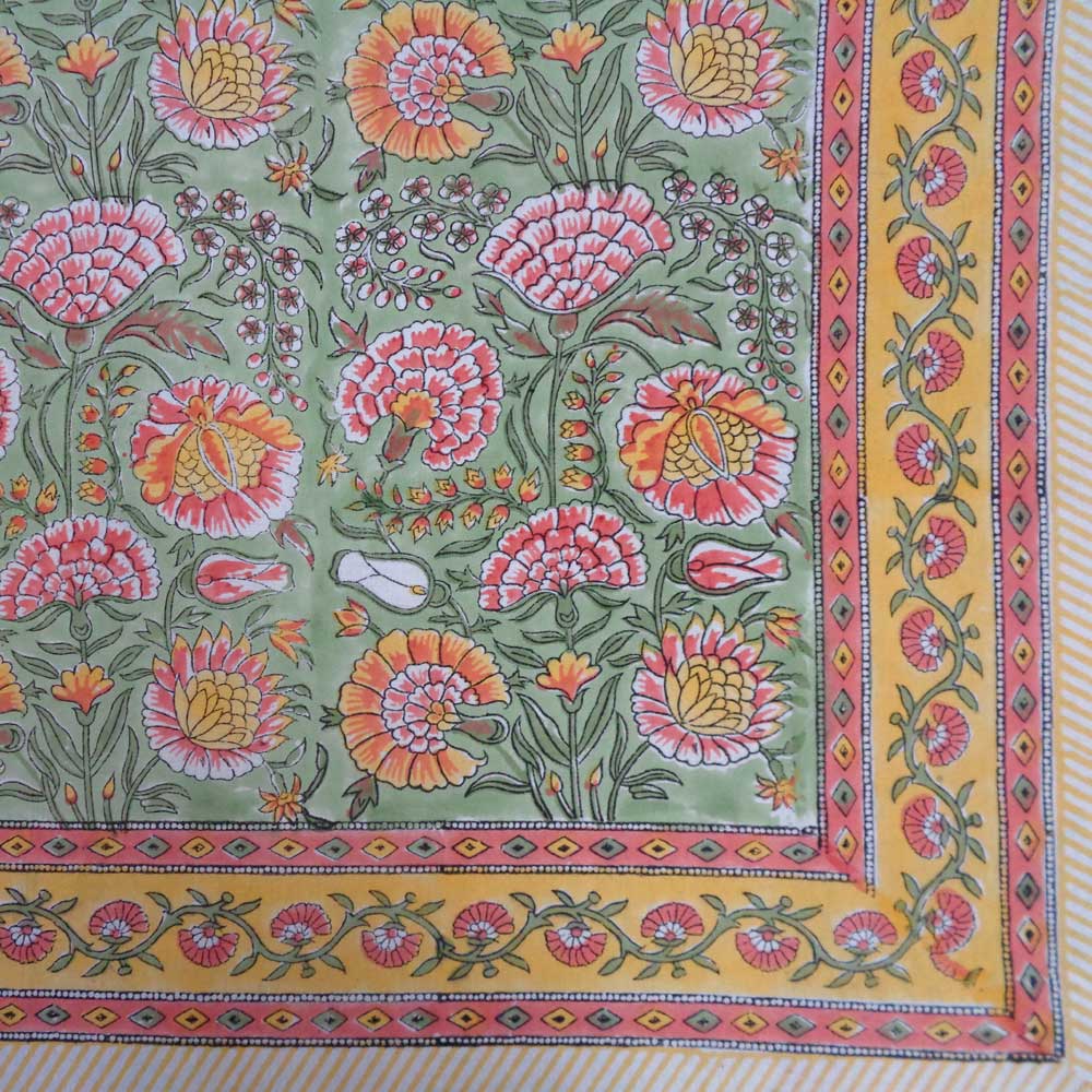 Colorful floral-patterned tablecloth with a yellow border on a white background