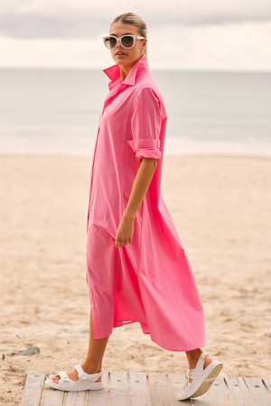 Luna Shirt Dress-Long Sleeve-Long Length- Cotton Poplin-Bubblegum Pink