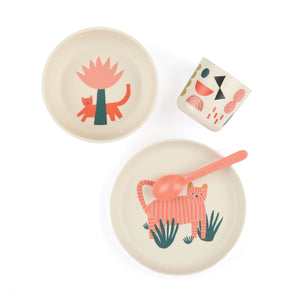 Set of children's bowls and a cup with animal illustrations on a white background