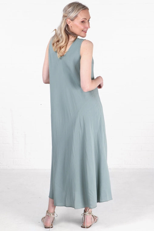 Sage Green Trapeze Dress-V-neck-Sleeveless-Long-Front view
