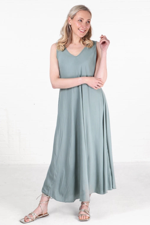 Sage Green Trapeze Dress-V-neck-Sleeveless-Long-Front view