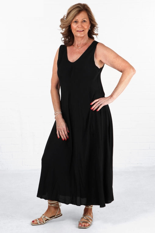 Black Trapeze Dress-V-neck-Sleeveless-Long-Front view