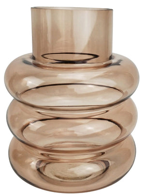 Brown glass vase with a ribbed design on a white background